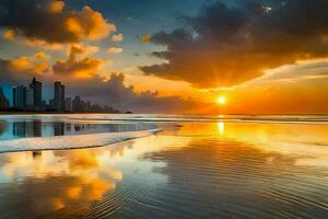 el Dom conjuntos terminado el ciudad horizonte en un playa. generado por ai foto