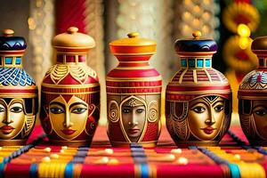five colorful wooden vases with faces on them. AI-Generated photo