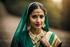 a beautiful indian woman wearing a green sari. AI-Generated photo