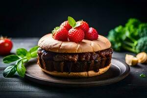 a hamburger with strawberries and basil on a wooden plate. AI-Generated photo