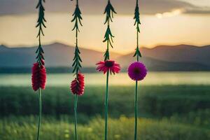 flowers hanging from a string in front of a lake. AI-Generated photo