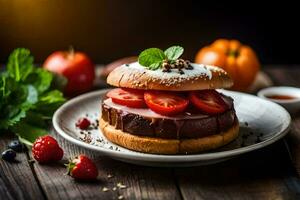 a hamburger with tomatoes and strawberries on a plate. AI-Generated photo