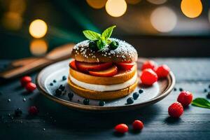 a dessert with strawberries and cream on a plate. AI-Generated photo