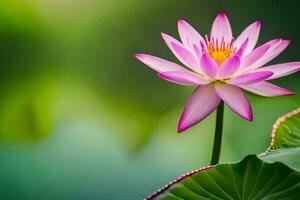 a pink lotus flower with green leaves in the background. AI-Generated photo