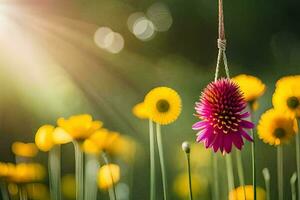 a flower hanging from a rope in a field. AI-Generated photo