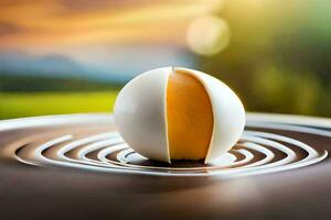 an egg is sitting on top of a bowl with a swirl. AI-Generated photo