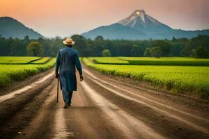 a man in a hat walks down a dirt road in front of a mountain. AI-Generated photo