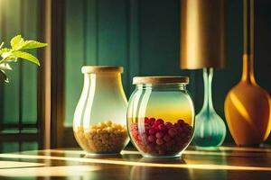 three jars with different colored berries and a plant. AI-Generated photo