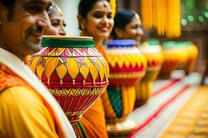 a group of people in colorful saris standing next to colorful pots. AI-Generated photo