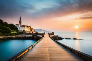 a wooden pier leads to a beach at sunset. AI-Generated photo