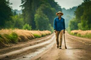 un hombre en un sombrero y azul camisa caminando abajo un suciedad la carretera. generado por ai foto