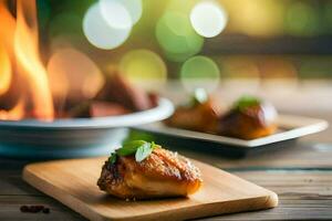 a small piece of chicken on a wooden board next to a fire. AI-Generated photo