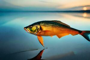 un pescado es en pie en el agua a puesta de sol. generado por ai foto