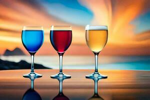 three glasses of wine on a table with a sunset in the background. AI-Generated photo