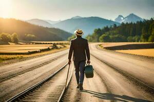 a man in a hat and suit walking on railroad tracks. AI-Generated photo