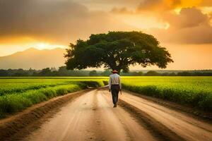 a man walks down a dirt road in the middle of a field. AI-Generated photo