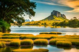 the beautiful landscape of the river and mountains. AI-Generated photo