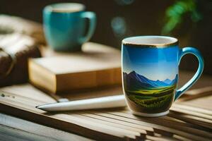 un café taza con un montaña ver en él. generado por ai foto