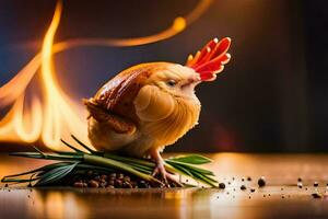 a chicken is sitting on a table with a fire in the background. AI-Generated photo