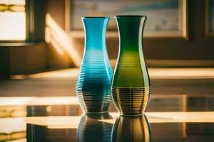 two vases sitting on a table in front of a window. AI-Generated photo