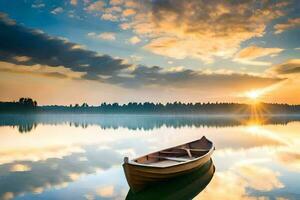 a boat is floating on the calm water at sunset. AI-Generated photo