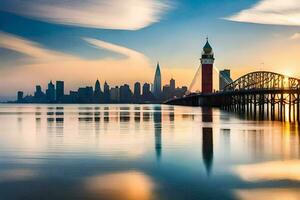 un ciudad horizonte es reflejado en el agua a puesta de sol. generado por ai foto