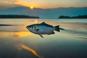 un pescado es nadando en el agua a puesta de sol. generado por ai foto