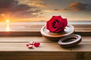 red rose on a wooden table with a ring and heart. AI-Generated photo