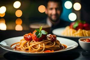 a man is sitting in the background with spaghetti and tomatoes. AI-Generated photo