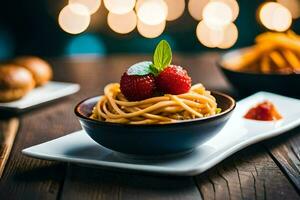 spaghetti with tomato sauce and fresh berries on a wooden table. AI-Generated photo