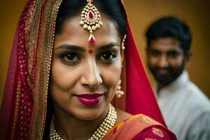 a beautiful indian bride with her groom in the background. AI-Generated photo