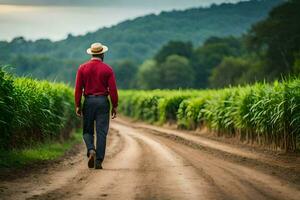 a man in a red shirt and hat walking down a dirt road. AI-Generated photo