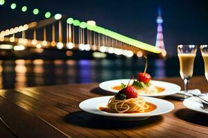 dos platos con espaguetis y fresas en un mesa en frente de un puente. generado por ai foto