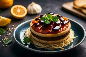a plate with a cheesecake and pasta on it. AI-Generated photo