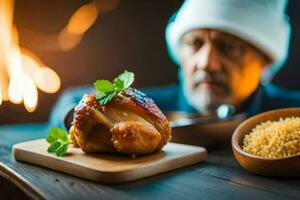 un hombre en un sombrero se sienta a un mesa con un pollo en él. generado por ai foto