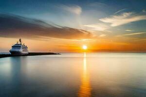 a cruise ship docked at the shore during sunset. AI-Generated photo