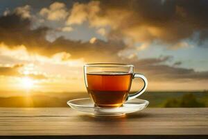 un taza de té en un de madera mesa con un hermosa puesta de sol en el antecedentes. generado por ai foto