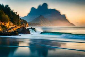 a long exposure photograph of a beach and mountains. AI-Generated photo