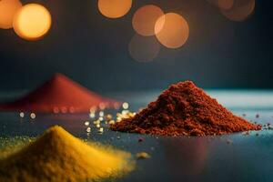 a pile of red and yellow spices on a table. AI-Generated photo