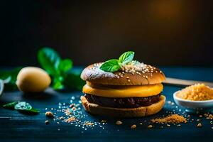 a hamburger with cheese and herbs on a dark background. AI-Generated photo