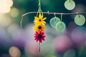 colorful flowers hanging from a branch. AI-Generated photo