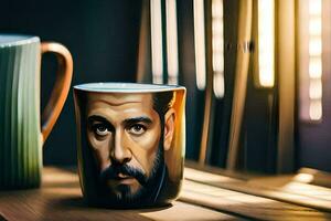 un café jarra con un retrato de un hombre en él. generado por ai foto