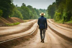 a man in a suit and hat walks down a dirt road. AI-Generated photo