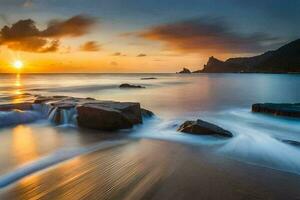 a beautiful sunset over the ocean with rocks and water. AI-Generated photo
