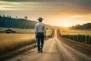 un hombre en un vaquero sombrero camina abajo un suciedad la carretera a puesta de sol. generado por ai foto