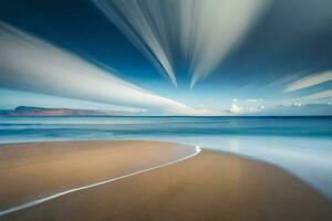 a long exposure photograph of a beach with waves and clouds. AI-Generated photo