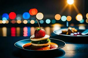 a plate with a strawberry and a cake on it. AI-Generated photo