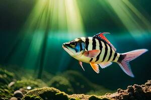 a fish with black and white stripes swimming in the water. AI-Generated photo