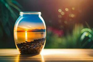 a vase filled with rocks and water at sunset. AI-Generated photo