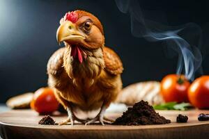 un pollo es en pie en un de madera corte tablero con alimento. generado por ai foto